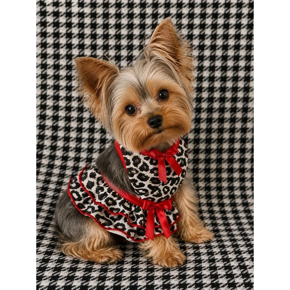 Leopard Print Dog Dress XXS XS Small Puppy Yorkie Pet Outfit Red Ruffle Bow Cute